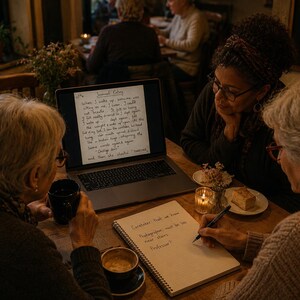 May include: Three women at a cafe, gathered around a table with a laptop and notebook. The laptop displays handwritten text. One woman writes in the notebook, while the others observe. A coffee cup, a slice of cake, and a lit candle are on the table.