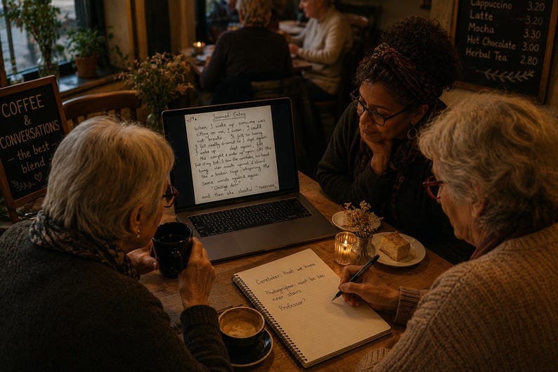 May include: Three women at a cafe, gathered around a table with a laptop and notebook. The laptop displays handwritten text. One woman writes in the notebook, while the others observe. A coffee cup, a slice of cake, and a lit candle are on the table.