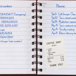 May include: Open notebook with handwritten notes and a coffee shop receipt. The left page lists important phone numbers, including an emergency contact and a school. The right page has a planner with appointments. The receipt shows a subtotal of $5.50.