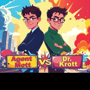 May include: A colorful cartoon illustration featuring two characters standing back-to-back. One wears a dark suit, the other a green turtleneck. Below them are two rectangular signs with the text Agent Mott and Dr. Krott separated by a VS symbol.