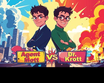 May include: A colorful cartoon illustration featuring two characters standing back-to-back. One wears a dark suit, the other a green turtleneck. Below them are two rectangular signs with the text Agent Mott and Dr. Krott separated by a VS symbol.
