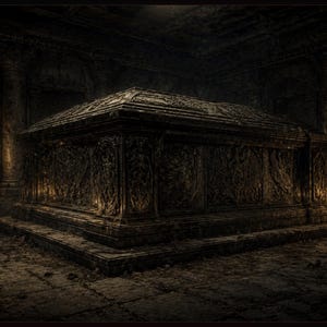 May include: A large, rectangular stone sarcophagus featuring intricate, dark, relief carvings on its exterior surfaces. The structure rests on a tiered base within a dimly lit, cavernous chamber illuminated by the warm, flickering glow of candles.