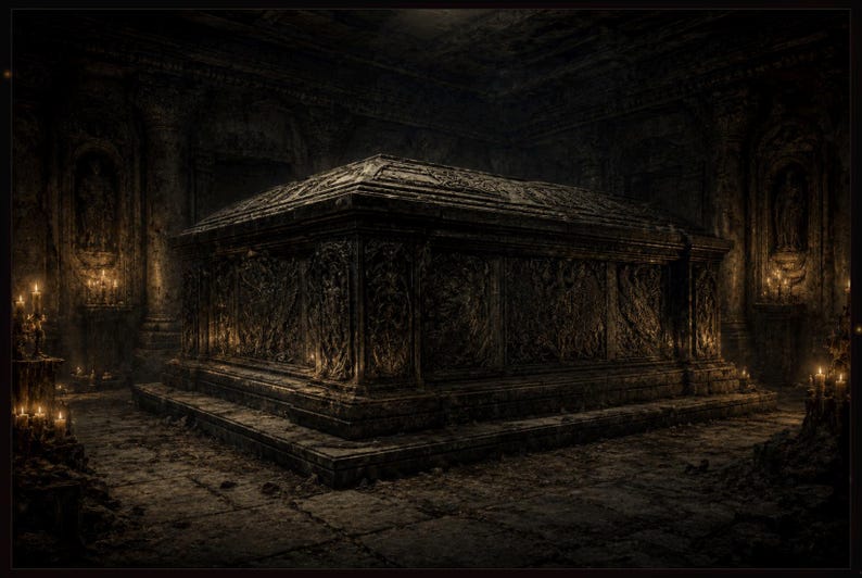 May include: A large, rectangular stone sarcophagus featuring intricate, dark, relief carvings on its exterior surfaces. The structure rests on a tiered base within a dimly lit, cavernous chamber illuminated by the warm, flickering glow of candles.