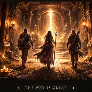 May include: A fantasy illustration depicting three figures walking toward a glowing golden doorway at the top of stone stairs. The scene features wooden architecture, hanging vines, and warm candlelight. The text at the bottom reads: THE WAY IS CLEAR.