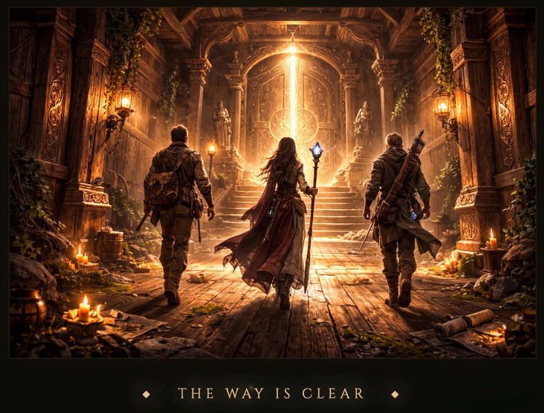 May include: A fantasy illustration depicting three figures walking toward a glowing golden doorway at the top of stone stairs. The scene features wooden architecture, hanging vines, and warm candlelight. The text at the bottom reads: THE WAY IS CLEAR.