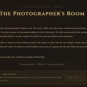 May include: A webpage with a dark brown background and gold text. The title reads "THE PHOTOGRAPHER'S ROOM." Text describes a room with old cameras, prints, and film. The text includes the phrase "Strange photos... Why do I keep seeing her!"