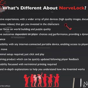 May include: A dark gray graphic with red accents and the text "What's Different About NerveLock?" lists features of the product. Includes a red lock and key graphic, and silhouettes of people.