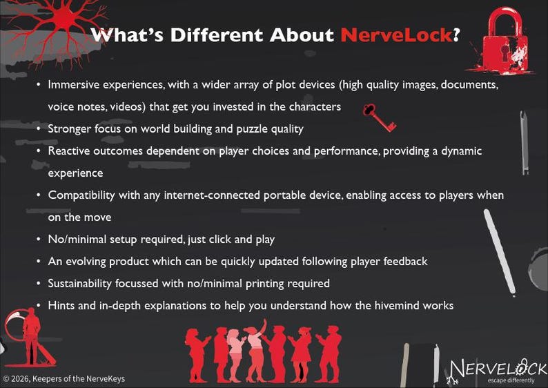 May include: A dark gray graphic with red accents and the text "What's Different About NerveLock?" lists features of the product. Includes a red lock and key graphic, and silhouettes of people.