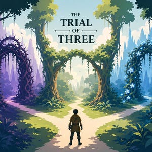 May include: A digital illustration titled THE TRIAL OF THREE showing a person standing at a fork in a path. To the left is a dark, thorny archway. In the center is a natural tree arch. To the right is an archway covered in glowing blue flowers.