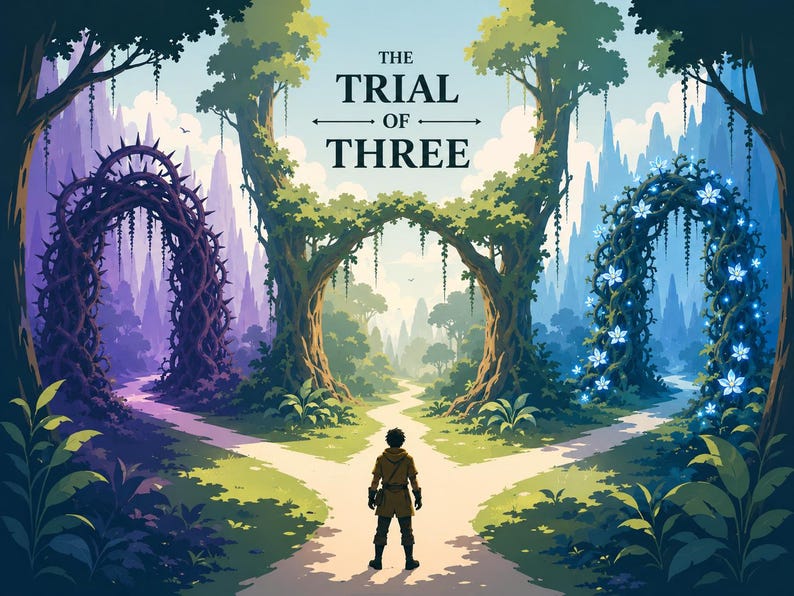 May include: A digital illustration titled THE TRIAL OF THREE showing a person standing at a fork in a path. To the left is a dark, thorny archway. In the center is a natural tree arch. To the right is an archway covered in glowing blue flowers.