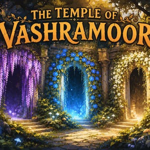 May include: A digital illustration titled THE TEMPLE OF VASHRAMOOR featuring three stone archways adorned with purple wisteria, blue morning glories, and white flowers. The scene includes stone steps, glowing mushrooms, and lush green foliage.