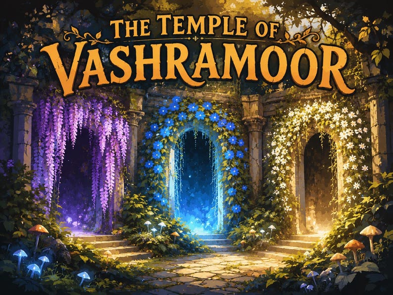 May include: A digital illustration titled THE TEMPLE OF VASHRAMOOR featuring three stone archways adorned with purple wisteria, blue morning glories, and white flowers. The scene includes stone steps, glowing mushrooms, and lush green foliage.