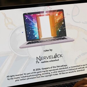 May include: Laptop screen displaying a colorful graphic of a laptop with an open door design. The text "rules by NERVELOCK realities unleashed" is visible, along with copyright information. A hand is visible near the keyboard.