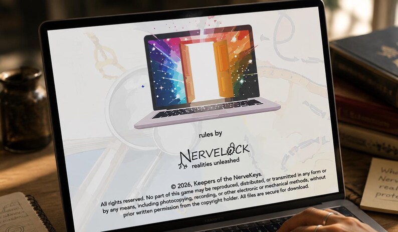 May include: Laptop screen displaying a colorful graphic of a laptop with an open door design. The text "rules by NERVELOCK realities unleashed" is visible, along with copyright information. A hand is visible near the keyboard.