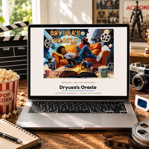 Könnte beinhalten: Ein Laptop zeigt "Dryusa's Oracle" mit einer Illustration von zwei Personen auf einem Sofa. Ein Popcorn-Eimer, eine Filmrolle, eine Filmklappe und 3D-Brillen liegen auf einem Holztisch, was ein Kinothema suggeriert.