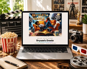 May include: A laptop displays the title "Dryusa's Oracle" with an illustration of two people on a couch. A popcorn bucket, film reel, clapperboard, and 3D glasses are on a wooden table, suggesting a movie theme.
