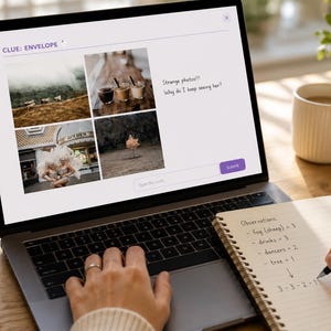May include: A laptop displays a puzzle with four images and the text "Strange photos!!! Why do I keep seeing her?". A person is writing notes in a spiral notebook with a pen. A mug and a potted plant are also visible.