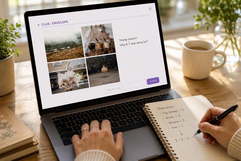 May include: A laptop displays a puzzle with four images and the text "Strange photos!!! Why do I keep seeing her?". A person is writing notes in a spiral notebook with a pen. A mug and a potted plant are also visible.