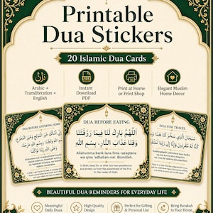 Op de afbeelding: Printbare Dua Stickers met 20 Islamitische Dua Kaarten. Het ontwerp bevat Arabische tekst met Engelse transliteratie, beschikbaar als directe PDF-download. De kaarten zijn ontworpen voor huisdecoratie en bevatten dua's.