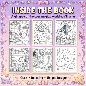 Puede incluir: Una portada de libro para colorear con el texto "INSIDE THE BOOK" y "A glimpse of the cozy magical world you'll color." La portada presenta seis ilustraciones en blanco y negro de escenas acogedoras, incluyendo un gato en una estanter&iacute;a y una luna con nubes. Las palabras "Cute", "Relaxing" y "Unique Designs" tambi&eacute;n est&aacute;n presentes.