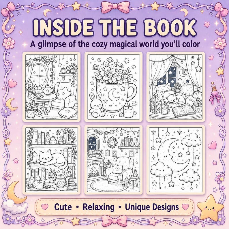 Puede incluir: Una portada de libro para colorear con el texto "INSIDE THE BOOK" y "A glimpse of the cozy magical world you'll color." La portada presenta seis ilustraciones en blanco y negro de escenas acogedoras, incluyendo un gato en una estanter&iacute;a y una luna con nubes. Las palabras "Cute", "Relaxing" y "Unique Designs" tambi&eacute;n est&aacute;n presentes.