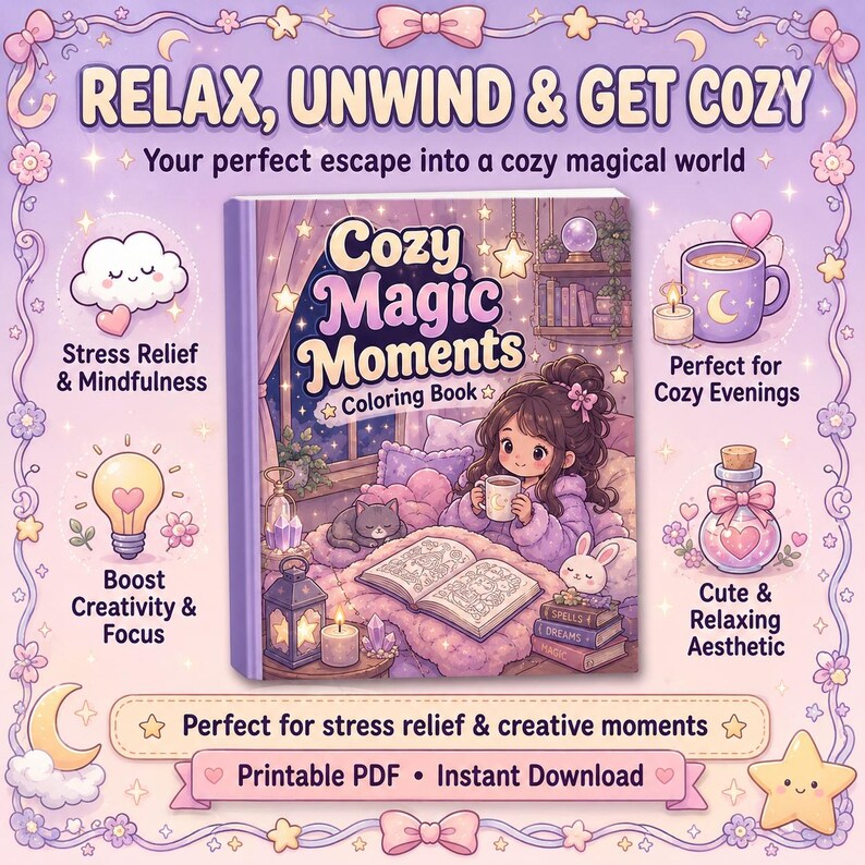 Puede incluir: Ilustraci&oacute;n de un libro para colorear digital, "Cozy Magic Moments." La portada muestra a una chica en un ambiente acogedor. El texto incluye "Relax, Unwind & Get Cozy" y "PDF imprimible &bull; Descarga instant&aacute;nea." La imagen usa colores pastel.