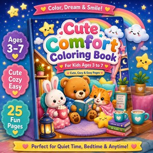 Puede incluir: Un libro para colorear para niños titulado "Cute Comfort Coloring Book" con una portada azul. La portada presenta un arcoíris, estrellas y animales de dibujos animados. El libro es para niños de 3 a 7 años y tiene 25 páginas divertidas.