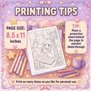 Puede incluir: Ilustraci&oacute;n con el texto "PRINTING TIPS" y "PAGE SIZE: 21,6 x 27,9 cm." Presenta una p&aacute;gina para colorear con una ni&ntilde;a, un gato y un libro. La imagen tambi&eacute;n incluye l&aacute;pices, rotuladores y una taza.