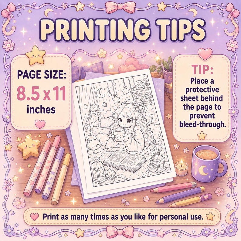 Puede incluir: Ilustraci&oacute;n con el texto "PRINTING TIPS" y "PAGE SIZE: 21,6 x 27,9 cm." Presenta una p&aacute;gina para colorear con una ni&ntilde;a, un gato y un libro. La imagen tambi&eacute;n incluye l&aacute;pices, rotuladores y una taza.
