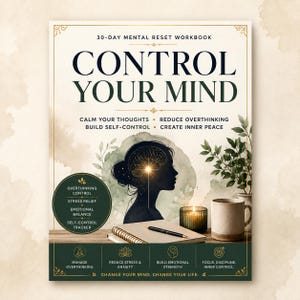 Puede incluir: Un cuaderno de trabajo titulado "Control Your Mind", subtitulado "30-Day Mental Reset Workbook". La portada presenta la silueta de una persona con un cerebro brillante, una vela, una taza y un bolígrafo. Promete calmar los pensamientos y reducir el exceso de pensamiento.