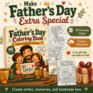 Puede incluir: Un libro para colorear del Día del Padre con una ilustración de portada de un padre y dos niños sosteniendo un cartel que dice BEST DAD. Incluye páginas adicionales para colorear de Super Dad, I Love You Dad y Dad and Me Baking Cookies.