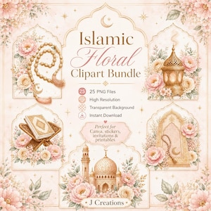 May include: A digital Islamic floral clipart bundle featuring watercolor illustrations of prayer beads, a lantern, a Quran on a stand, and a mosque dome, all surrounded by soft pink flowers. The text reads Islamic Floral Clipart Bundle.