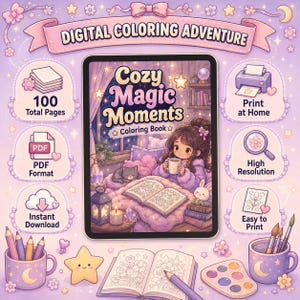 Puede incluir: Libro para colorear digital "Cozy Magic Moments" con 100 p&aacute;ginas en total, disponible en formato PDF para descarga instant&aacute;nea. Presenta a una ni&ntilde;a con una taza, un gato y un libro para colorear. Incluye iconos para imprimir en casa y alta resoluci&oacute;n.