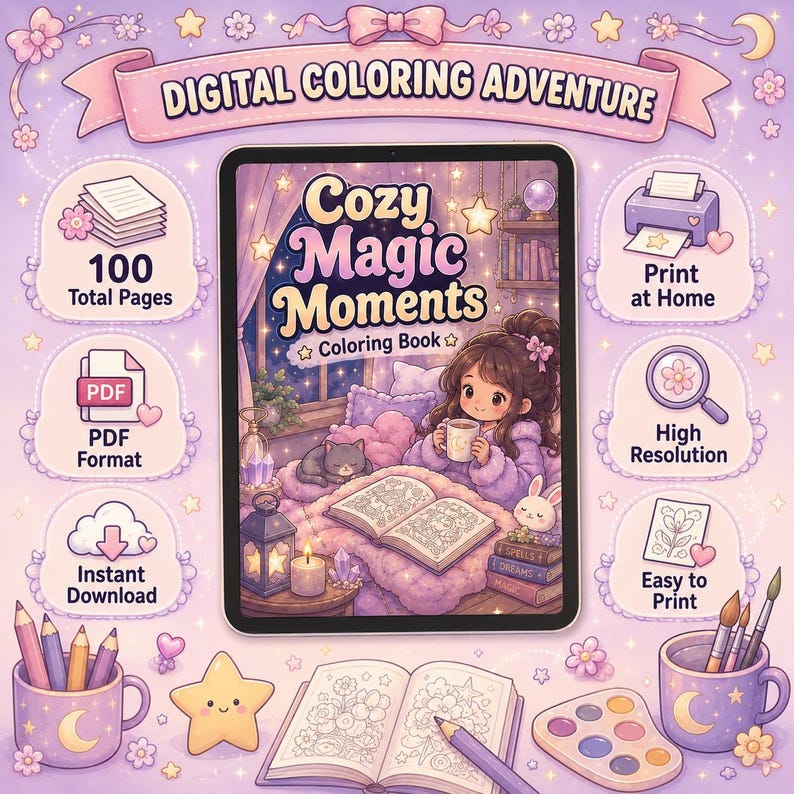 Puede incluir: Libro para colorear digital "Cozy Magic Moments" con 100 p&aacute;ginas en total, disponible en formato PDF para descarga instant&aacute;nea. Presenta a una ni&ntilde;a con una taza, un gato y un libro para colorear. Incluye iconos para imprimir en casa y alta resoluci&oacute;n.