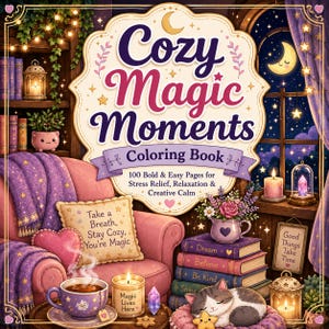 Puede incluir: Ilustraci&oacute;n colorida de un libro para colorear titulado "Cozy Magic Moments". La imagen presenta un sill&oacute;n rosa, libros, un gato y una taza de t&eacute;. El texto incluye "Take a Breath, Stay Cozy, You're Magic".
