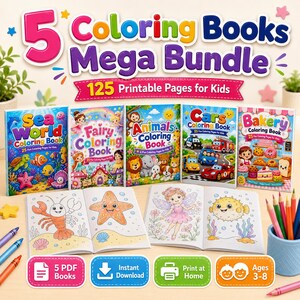 Puede incluir: Un paquete de 5 libros para colorear con 125 páginas imprimibles para niños. Temas: mundo marino, hadas, animales, coches y panadería. Dos libros abiertos muestran ilustraciones de langosta, estrella de mar, hada y pez globo.