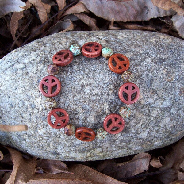 Peace Sign & Funky Jasper Bead Bracelet