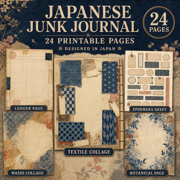 Japanese Junk Journal Kit, 24 Edo-Inspired Printable Pages by a Japanese Designer