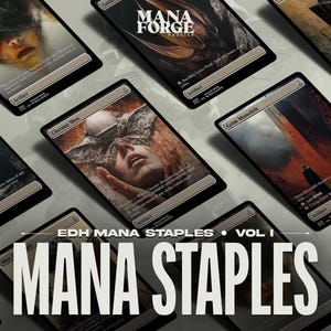 May include: A collection of EDH Mana Staples Vol. I cards, featuring various fantasy art and text. The cards are black with white text and art, including "Chrome Mox" and "Grim Monolith". The image is well-lit and showcases the cards.