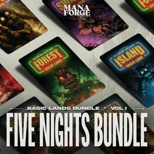May include: A collection of Basic Land cards from the Five Nights Bundle Vol. I. Each card features a unique, colorful illustration with the name of the land type, such as Forest or Island, in a neon-style frame. The cards are arranged on a light background.