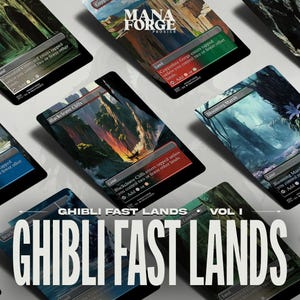 May include: A collection of Ghibli Fast Lands trading cards, featuring various landscape art. The cards have a black border with text and art. The text "GHIBLI FAST LANDS VOL I" is displayed in large white letters at the bottom of the image.