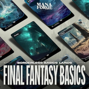 May include: A collection of borderless Final Fantasy Basics land cards. Each card features a unique fantasy landscape illustration, with text indicating the land type, such as "Swamp" and "Plains." The cards are arranged on a light background, with the words "BORDERLESS BASICS LANDS" and "FINAL FANTASY BASICS" in bold white text.