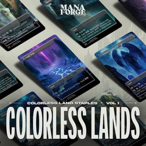 May include: A collection of fantasy trading card game land cards. The cards feature various fantasy landscapes in shades of blue, purple, and green. The text "COLORLESS LANDS" and "VOL I" are displayed in large white letters.