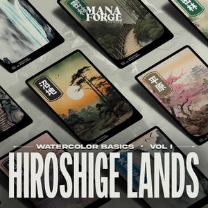 May include: A collection of watercolor art cards featuring Japanese landscape scenes. The cards display various natural settings, including waterfalls, forests, and sunsets. The text "Watercolor Basics Vol. I Hiroshige Lands" is displayed at the bottom.