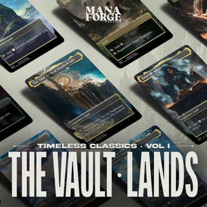 Könnte beinhalten: Eine Sammlung von Magic: The Gathering Proxy-Karten mit verschiedenen Landschaftskunstwerken und Texten. Die Karten sind mit "Legendary Land" beschriftet und enthalten Texte wie "The Tabernacle at Pendrell Vale" und "Tolarian Academy". Der Text "THE VAULT LANDS" ist deutlich sichtbar.