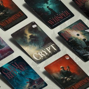 May include: A collection of rectangular trading cards featuring dark fantasy illustrations, including titles like Necropotence, Nights Whisper, Crypt, Damnation, and Cabal Ritual, with bold red and white typography set against atmospheric, moody backgrounds.