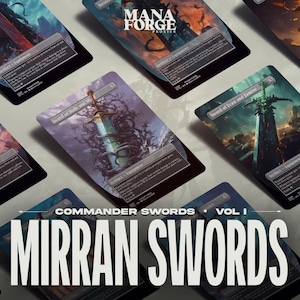 Puede incluir: Una colección de cartas coleccionables Mirran Swords Vol. 1. Cada carta presenta ilustraciones únicas de espadas con paisajes de fantasía. Las cartas están etiquetadas como Artifact - Equipment. Se muestra el texto "Commander Swords" y "Mirran Swords".