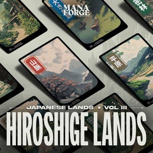 Puede incluir: Una colección de tarjetas de arte paisajístico japonés titulada "Japanese Lands Vol. III Hiroshige Lands". Las tarjetas presentan varias ilustraciones escénicas con texto japonés y un borde negro. Las tarjetas están dispuestas en diferentes ángulos.