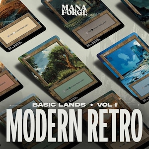 May include: A collection of Modern Retro Basic Lands Vol. I trading cards. Each card features a landscape scene, including forests, mountains, and islands. The cards have a vintage aesthetic with a modern design, and the text "Add to your mana pool" is visible.