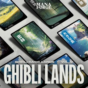Puede incluir: Una colección de cartas Ghibli Lands Vol IV con ilustraciones de paisajes. Las cartas muestran escenas de montañas, bosques y vistas costeras, con texto japonés y las palabras "GHIBLI LANDS" en un lugar destacado.